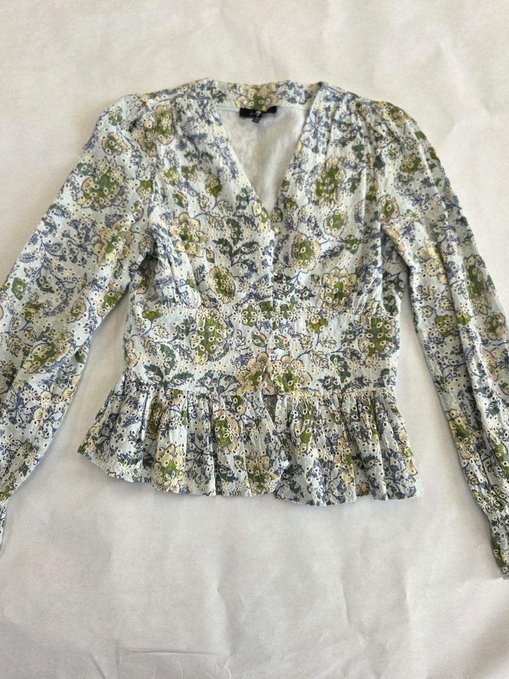 7 For All Mankind Floral V-Neck Peplum Blouse - Green & Blue